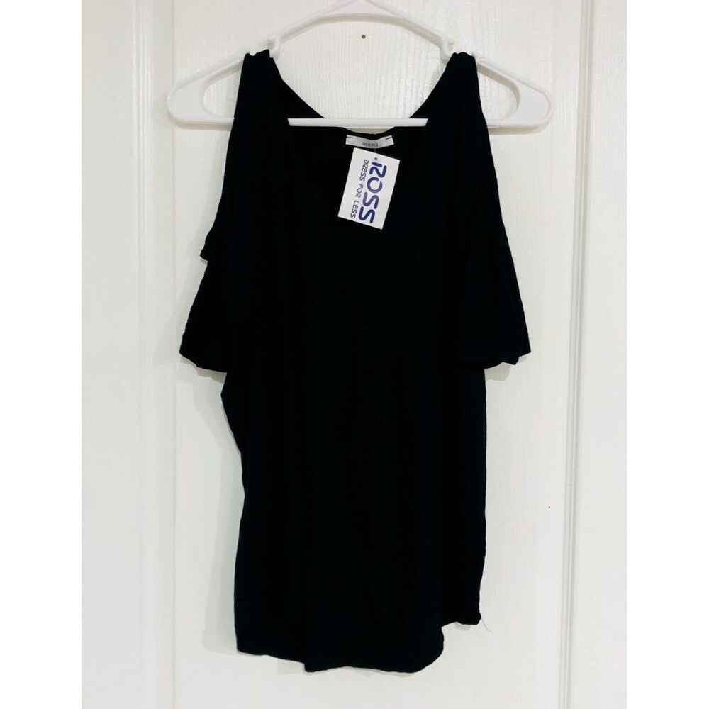 Acemi Womens Cold Shoulder Short Sleeve Relaxed Fit T-Shirt Top Black Medium NWT